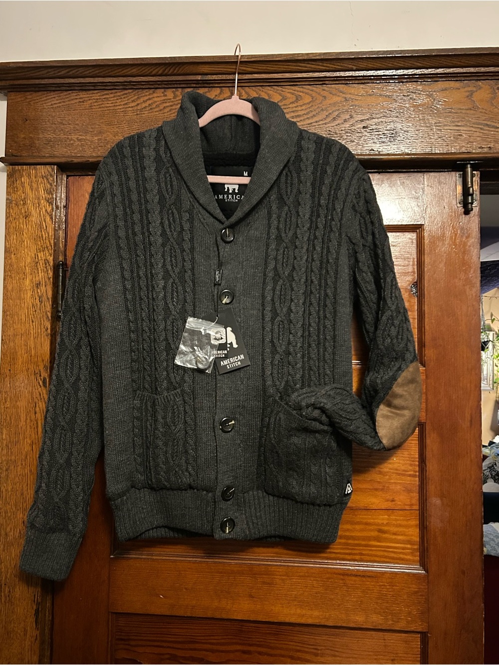 American Stitch Men's Dark Gray Cable-Knit Shawl Collar Sweater size M